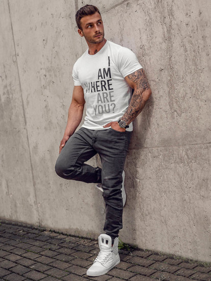 Bolf Herren Baumwoll T-Shirt mit Motiv Weiß  0404TA