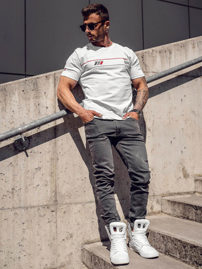 Bolf Herren Baumwoll T-Shirt mit Motiv Weiß  14772A