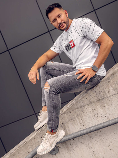 Bolf Herren Baumwoll T-Shirt mit Motiv Weiß 147737A