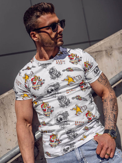 Bolf Herren Baumwoll T-Shirt mit Motiv Weiß  14963A