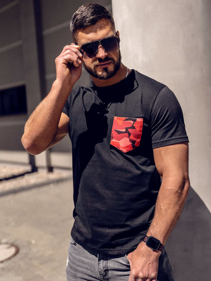 Bolf Herren Baumwoll T-Shirt mit Motiv mit Tasche Camo Schwarz-Rot 14507A