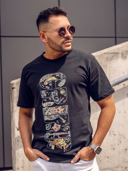 Bolf Herren Baumwoll T-Shirt mit Print Schwarz  143023A