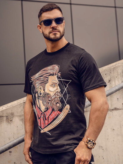 Bolf Herren Baumwoll T-Shirt mit Print Schwarz  143024A