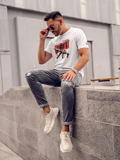 Bolf Herren Baumwoll T-Shirt mit Print Weiß 14709A