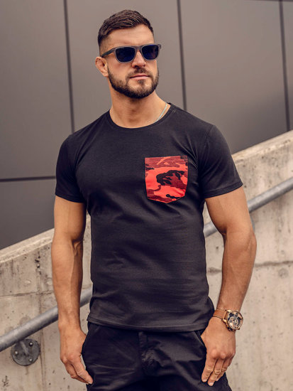 Bolf Herren Camo T-Shirt mit Brusttasche mit Motiv Schwarz-Rot  8T85A