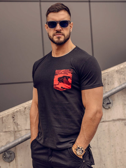 Bolf Herren Camo T-Shirt mit Brusttasche mit Motiv Schwarz-Rot  8T85A