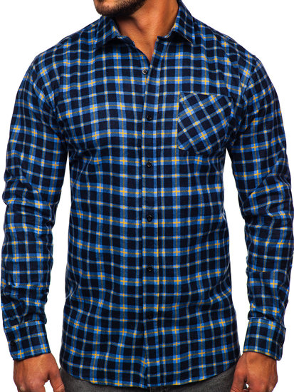 Bolf Herren Flanellhemd Kariert Langarm Blau-Gelb  F4