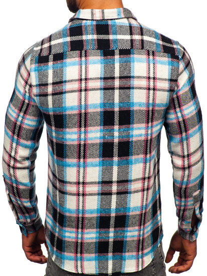 Bolf Herren Flanellhemd Kariert Langarm Blau-Rosa 22704