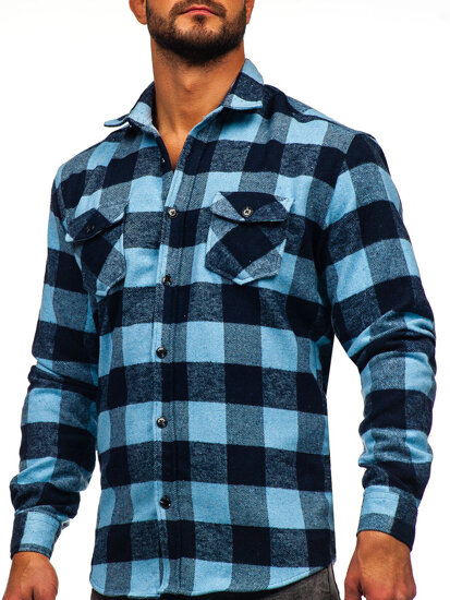 Bolf Herren Flanellhemd Langarm Azurblau  20723