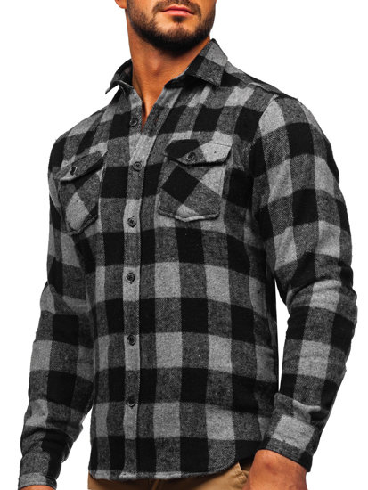 Bolf Herren Flanellhemd Langarm Schwarzgrau  20723