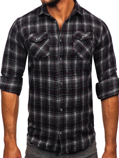 Bolf Herren Flanellhemd Langarm Schwarzgrau  20731-2