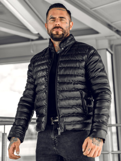 Bolf Herren Gepolsterte Kunstlederjacke Schwarz  0021B