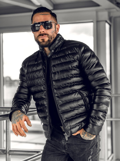 Bolf Herren Gepolsterte Kunstlederjacke Schwarz  0021B