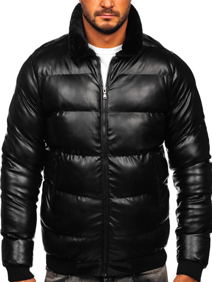 Bolf Herren Gepolsterte Winterjacke aus Ökoleder Schwarz  0022