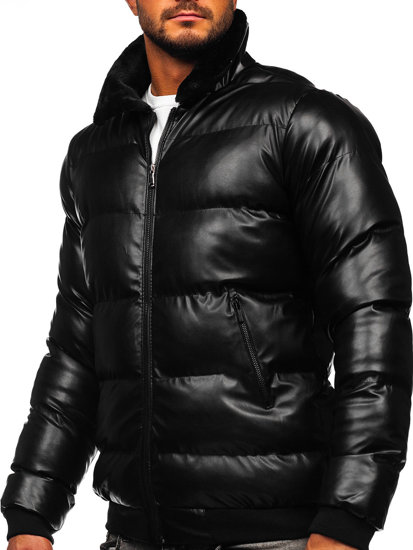 Bolf Herren Gepolsterte Winterjacke aus Ökoleder Schwarz  0022