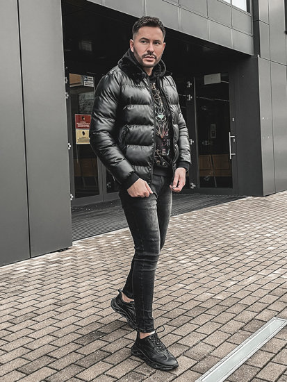 Bolf Herren Gepolsterte Winterjacke aus Ökoleder Schwarz  0022