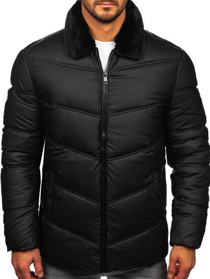 Bolf Herren Gepolsterte Winterjacke mit Teddyfell-Kragen Schwarz 31M5005