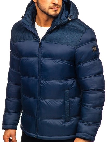 Bolf Herren Geposlsterte Winterjacke Sport Jacke Dunkelblau  AB72