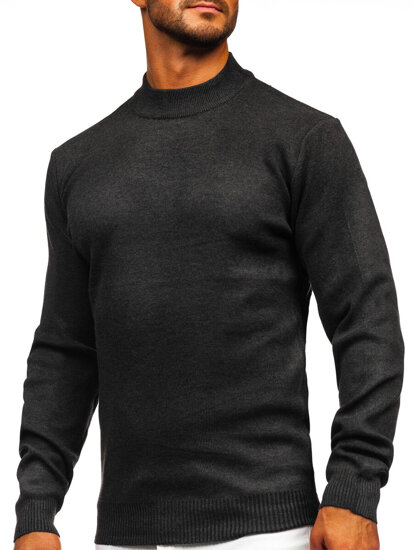 Bolf Herren Halb Rollkragenpullover Basic Schwarzgrau  S8519