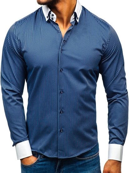 Bolf Herren Hemd Elegant Gestreift Langarm Dunkelblau 0909-A