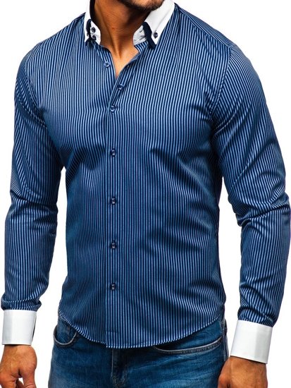 Bolf Herren Hemd Elegant Gestreift Langarm Dunkelblau 0909-A