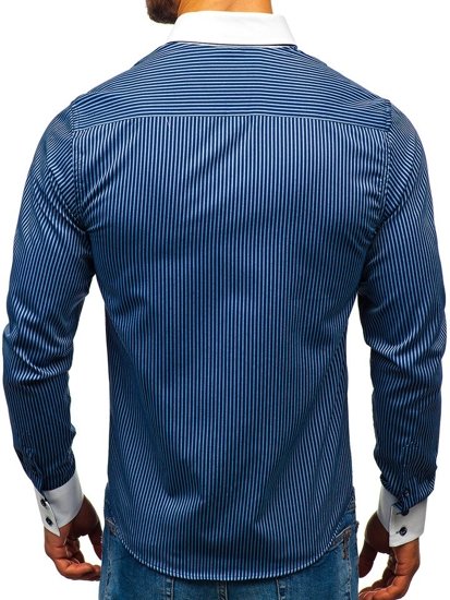 Bolf Herren Hemd Elegant Gestreift Langarm Dunkelblau 0909-A