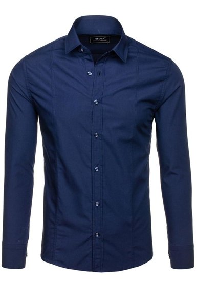 Bolf Herren Hemd Elegant Langarm Dunkelblau  6944