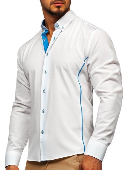 Bolf Herren Hemd Elegant Langarm Weiß-Hellblau  5722-1-A