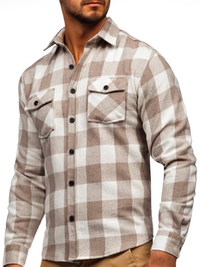 Bolf Herren Hemd Flanellhemd Langarm Beige 20723