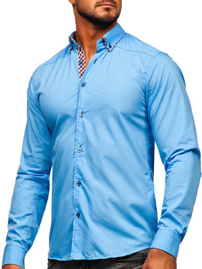 Bolf Herren Hemd Langarm Azurblau  3707