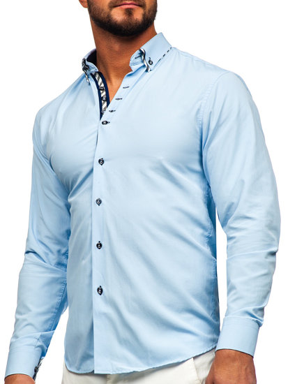 Bolf Herren Hemd Langarm Azurblau  3762