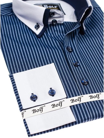 Bolf Herren Hemd Langarm Elegant Dunkelblau 0909