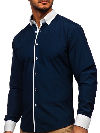 Bolf Herren Hemd Langarm Elegant Dunkelblau 2782