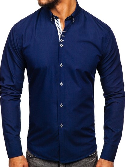 Bolf Herren Hemd Langarm Elegant Dunkelblau 5796