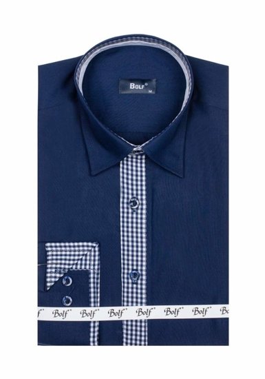 Bolf Herren Hemd Langarm Elegant Dunkelblau  6873