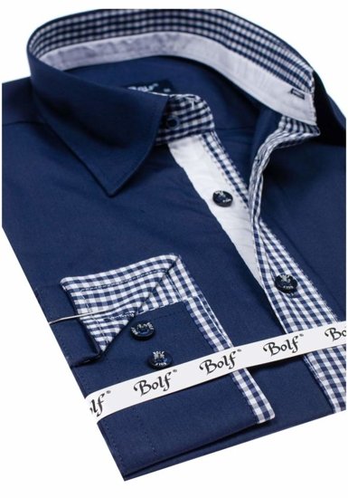 Bolf Herren Hemd Langarm Elegant Dunkelblau  6873