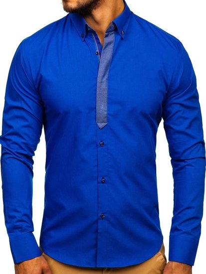 Bolf Herren Hemd Langarm Elegant Mittelblau 3725