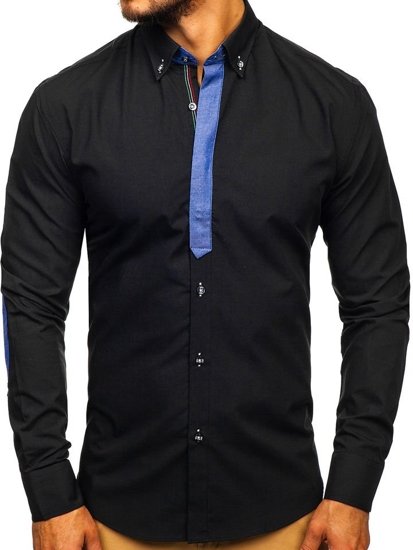 Bolf Herren Hemd Langarm Elegant Schwarz 3725