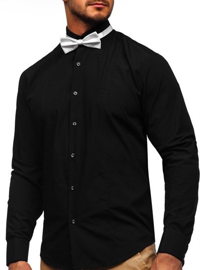 Bolf Herren Hemd Langarm Elegant Schwarz + Fliege + Manschettenknöpfe 4702 