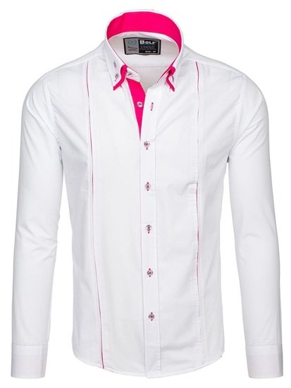 Bolf Herren Hemd Langarm Elegant Weiß-Rosa 4744