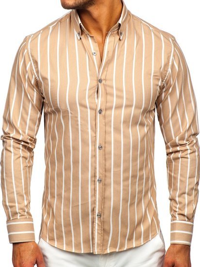 Bolf Herren Hemd Langarm Gestreift Beige  20730