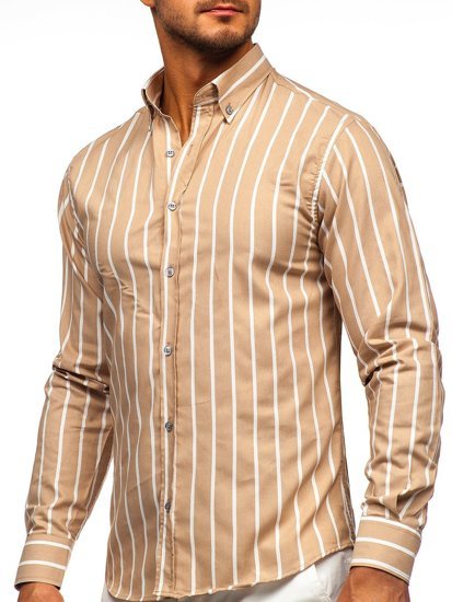 Bolf Herren Hemd Langarm Gestreift Beige  20730