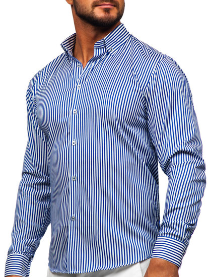 Bolf Herren Hemd Langarm Gestreift Blau 22731