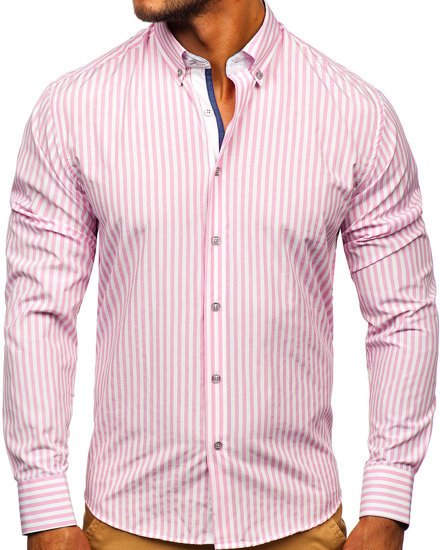 Bolf Herren Hemd Langarm Gestreift Rosa  20704