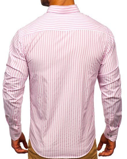 Bolf Herren Hemd Langarm Gestreift Rosa  20704