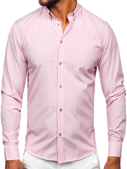 Bolf Herren Hemd Langarm Gestreift Rosa  22731