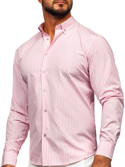 Bolf Herren Hemd Langarm Gestreift Rosa  22731