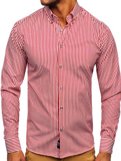 Bolf Herren Hemd Langarm Gestreift Rot 20726