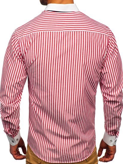 Bolf Herren Hemd Langarm Gestreift Rot  20727