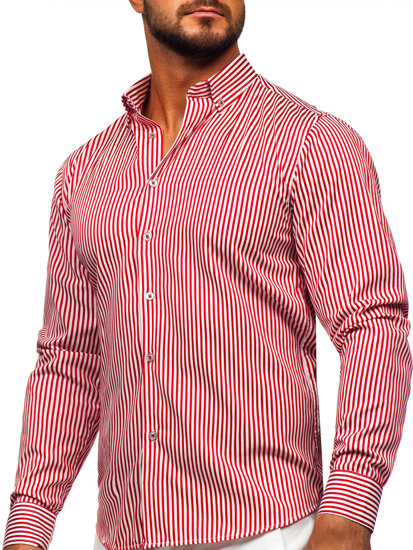 Bolf Herren Hemd Langarm Gestreift Rot 22731